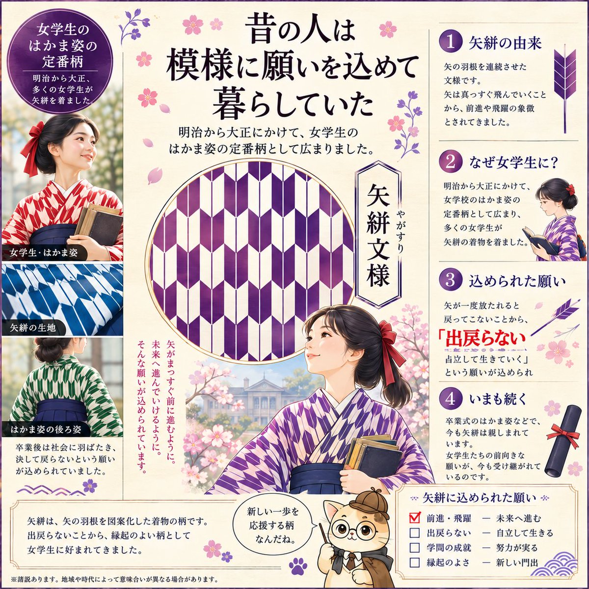 shiraberu_neko's tweet photo. 昔の人は模様に願いを込めて暮らしていた。

矢絣（やがすり）に込められたのは、真っ直ぐに伸びゆく女性への願い。そして、矢は放つと戻らないことから「出戻らない」という縁起担ぎもありました。

明治から大正にかけて、女学生のはかま姿を彩った矢絣。

新しい時代を生きる女性たちの姿に、願いを込めた模様。

これぞ大正ロマンの雰囲気そのものですよね。

#雑学 #日本文化 #大正ロマン #しらべるねこ 🐾