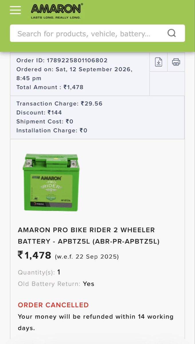 rahuladityan's tweet photo. Lasts long to refund… @amaronofficial https://t.co/WNbwfZQV7A