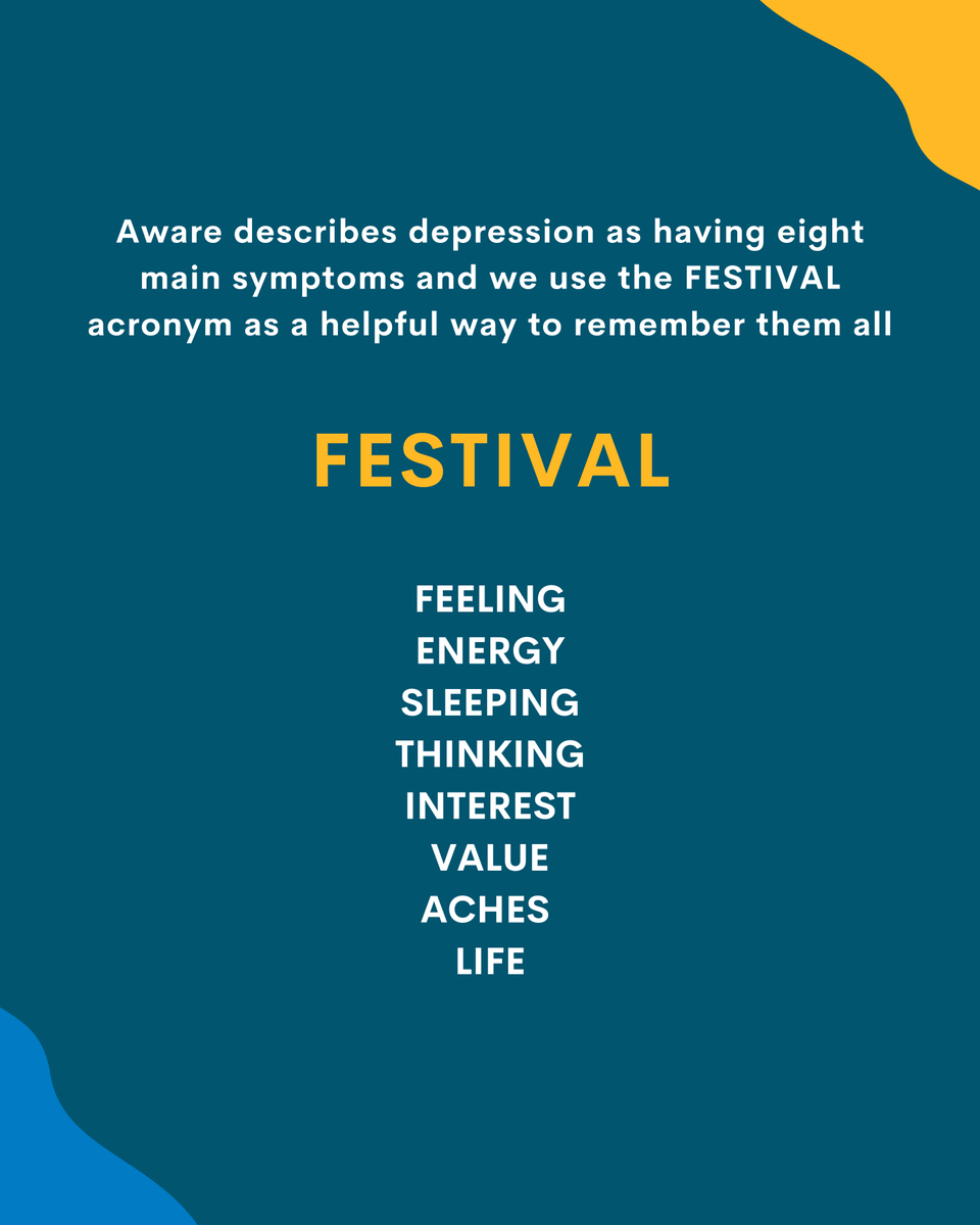 Aware's tweet photo. Aware uses the F.E.S.T.I.V.A.L. acronym to help people recognise 8 main symptoms of depression.

If you experience 5 or more of these symptoms for 2 weeks or more, Aware recommends speaking to your GP or a mental health professional.

Visit https://t.co/SagfUJLL7o for more info✨ https://t.co/7gOhqrYi6g