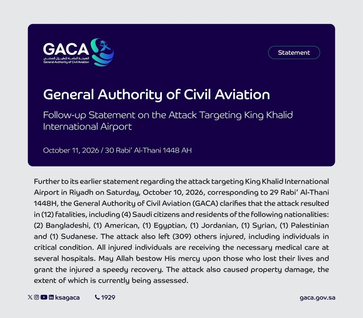 TheStratInsight's tweet photo. Saudi Arabia’s General Authority of Civil Aviation (GACA) said that a Houthi ballistic missile attack on Riyadh’s King Khalid International Airport killed 12 people and injured 309 others, some critically. https://t.co/wOGGMn3trM