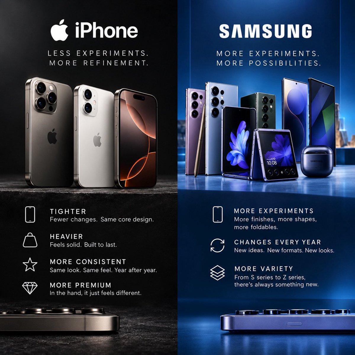 Mrjohn_18's tweet photo. Apple iPhone vs Samsung design 
Samsung experiments more. More finishes, more shapes, more foldables.
Apple iPhone stays tighter. iPhone duo Heavier, more consistent, more premium in the hand.
One changes every year.
One refines the same idea. https://t.co/rQqP6Mryur