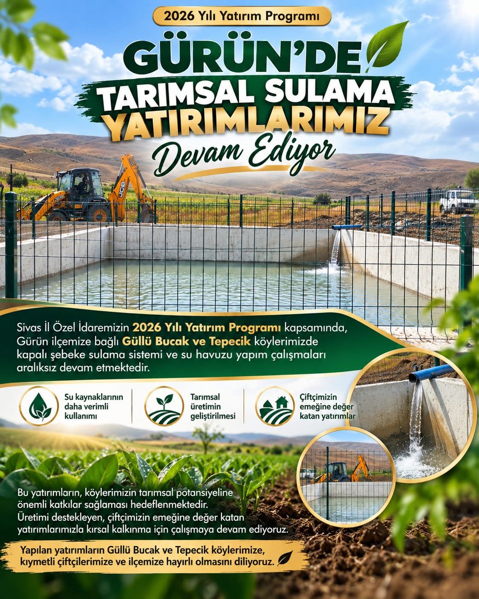 ozelidaresivas's tweet photo. 🌱 Gürün’de Tarımsal Sulama Yatırımları Devam Ediyor
2026 Yılı Yatırım Programımız kapsamında, Güllü Bucak ve Tepecik köylerimizde kapalı şebeke sulama sistemi ve su havuzu yapım çalışmaları devam ediyor. 💧🌾 https://t.co/QzzIVXIXCA