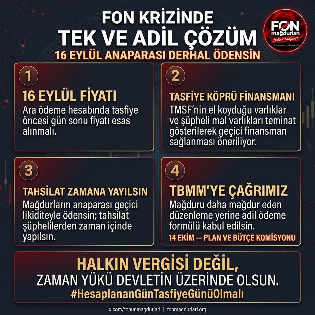fonunmagdurlari's tweet photo. 🚨 KAMUOYUNA VE TBMM’YE AÇIK ÇAĞRI: FON KRİZİNDE TEK VE ADİL ÇÖZÜM FORMÜLÜ BUDUR!

DURUMU NETLEŞTİRELİM; Yaşanan bu süreç sıradan bir borsa dalgalanması veya serbest piyasa riski değildir; ‼️FONUN 7/7 RİSK OLMASI DEMEK FONUN İÇİNDEKİ HİSSELERDE FİNANSAL SUÇLAR İŞLENEBİLİR RİSKİNİ ALAN YATIRIMCIDIR DEMEK DEĞİLDİR, YATIRIMCI FİNANSAL SUÇ İŞLENMEDİĞİNİ VARSAYARAK DEVLETİN DENETLEME KURUMLARINA GÜVENEREK YAITIRIM YAPMIŞTIR, BU FİNANSAL SUÇLAR ENGELLENSEYDİ ZATEN FON BALONU OLUŞUP PATLAMAYACAKTI, DOLAYISI İLE FON BALONUNUN SORUMLUSU YATIRIMCI DEĞİL DENETLEME GÖREVİNİ YAP(A)MAYAN KURUMLARDIR; devletin resmi denetimindeki BİST, TEFAS fonlarında göz göre göre gerçekleşmiş devasa bir denetim zafiyetidir. Dolayısıyla, bizzat başsavcılığın eski SPK Başkanı hakkında “görevi kötüye kullanma” soruşturması talep ettiği bir tabloda, bu kusurun faturasını vatandaşa kesemezsiniz.

Bu bağlamda, Meclis’e sunulan kanun teklifindeki Madde 4.2 bir çözüm değil, sözlü açıklamalarda hiç bahsedilmediğini de göz önünde bulundurararak büyük bir teknik tuzaktır. Fonlar işlem durdurmalar ve taban serileriyle %80 çöktükten sonra "ara ödemeyi dünkü enkaz fiyattan tavanlarız" demek; 800 bin TL birikimi olan bir yurttaşımıza 160 bin TL sadaka verip kalanını gasp etmektir. Dolayısıyla, ara ödeme tavanı bugünkü erimiş fiyattan değil, krizin miladı olan 16 Eylül tasfiye öncesi gün sonu fiyatından hesaplanmak zorundadır! Aksi mağduru daha mağdur etmektir!

Tam bu noktada, muhalefetin "Halkın vergisini, bütçeyi dolandırıcıya yedirmeyiz" çekincesini de çok iyi anlıyoruz. Bu sebeple açıkça ilan ediyoruz: Biz Hazine bütçesini veya vergi mükellefinin parasını İSTEMİYORUZ! Çözüm son derece basittir: TMSF; el koyduğu şirketleri, holdingleri, varlıkları ve şüphelilerin şahsi servetlerini teminat göstererek likide edilmesini beklemeden kamu bankalarından tek seferlik bir "Tasfiye Köprü Finansmanı" açmalıdır.
‼️Devlet mağdurlara anaparasını geçici likidite ile hemen ödeyip bu açığı zaman içinde TMSF aracılığı ile suçlulardan clawback/el koyma/geri çağırma gibi yöntemlerle tahsil etmelidir, beklentimiz mali yükün değil zaman yükünün mağdurdan denetim görevini kusurlu yapan devlet kurumlarına bindirilmesidir. Madem denetim görevinizi kusurlu yaptınız ve krize sebebiyet oldunuz hatanızı TELAFİ EDİN.

Nitekim, yarım milyon bireysel yurttaşın yurt dışına kaçırılan soğuk cüzdanların veya yıllar sürecek mahkemelerin peşinde koşacak gücü yoktur. Vatandaş bu süreyi enflasyon karşısında göğüsleyemez; ancak devletin MASAK’ı, icra gücü ve zamansal esnekliği bunu çok rahat kaldırır. Sonuç olarak;Halkın vergisine tek kuruş dokunmadan, suçluların malları teminat gösterilerek mağdurlara 16 Eylül anaparası derhal ödenmeli; hırsızlardan tahsilat yükünü ise zamana yayarak devlet üstlenmelidir!

Adalet de, sosyal devlet anlayışı da tam olarak budur. 14 Ekim Plan ve Bütçe Komisyonu’nda bu formülün takipçisi olacağız! Mağduru daha mağdur eden kanunun geçmemesi için mücadelemize devam edeceğiz.

Suçluların sebep olduğu %80'lik çöküşün faturasını vatandaşa ödetemezsiniz. O KANUN TASLAĞI BU HALİYLE MECLİSTEN GEÇMEYECEK!  Son mağdur son kuruşunu alana kadar mücadeleye devam.

Beklentimiz nettir: #HesaplananGünTasfiyeGünüOlmalı

Hemen siteye girip tüm milletvekillerine tek tıkla kanun taslağını şikayet maillerini gönderin!
👇https://t.co/h2nw1gtzGf

@spkgovtr
@memetsimsek
@HMBakanligi
@adalet_bakanlik
@ismailsaymaz
@dilekgungor_
@muratemir_dr
@cevdetakaychp
@_cevdetyilmaz
#FonMağdurları #HepimizeAnapara #HalkBuradaSpkNerede #1MilyonÇözümDeğil #1MilyonÜstüAnapara #TLY #AnaParaYoksaGüvenYok #AnaParaHerFona #PPFtamvehızlıödensin #ANAPARAGaspiKulHakkidir