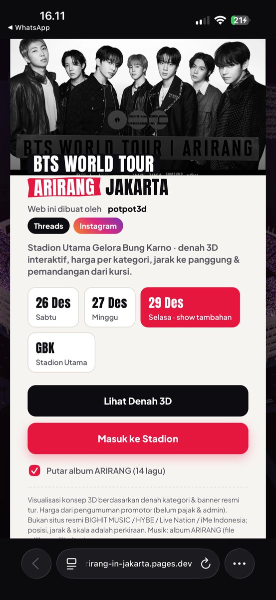 Echa_yaEcha's tweet photo. 📌 [INFO] Web Terbaru Simulasi Konser #BTS ‘ARIRANG’ Jakarta di GBK 🥳🎉

Web ini lebih detail dan mudah dipahami guys base on data SN yg kita terima di tikom, terutama untuk yg section VIP dan Platinum Floor. Terus juga udh dilengkapi simulasi untuk 2 versi :

— simulasi 3D seatplan
— simulasi masuk ke GBK

Mantap banget pokoknya, semoga yg bikin simulasinya masuk surga💜

🔗 https://t.co/mZxZWfHll3