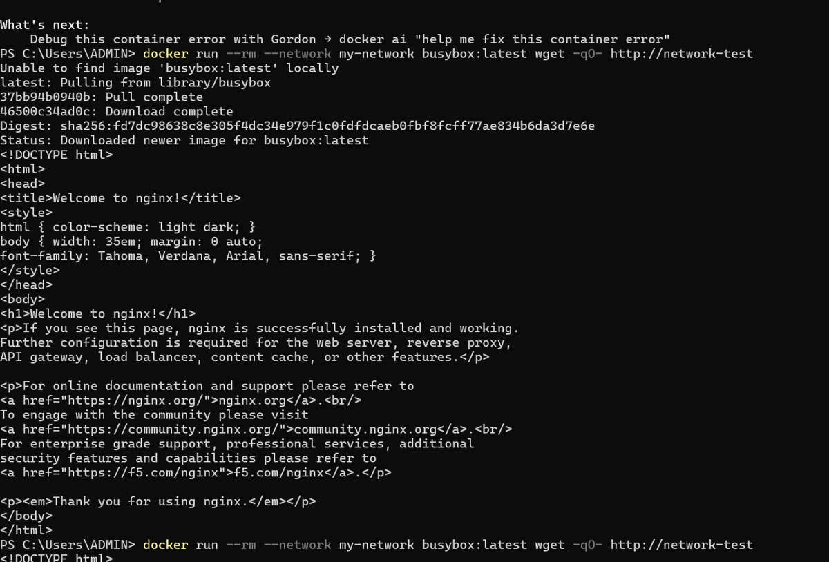 derkadd1o1's tweet photo. Day 20 of learning Docker 🐳

Learned about custom bridge networks and container-to-container communication.

Practised using BusyBox to send a request to Nginx by container name and receive an HTML response.

Small steps, consistent progress! 

#Docker #DevOps #LearningInPublic https://t.co/3NEdQbC0Kj