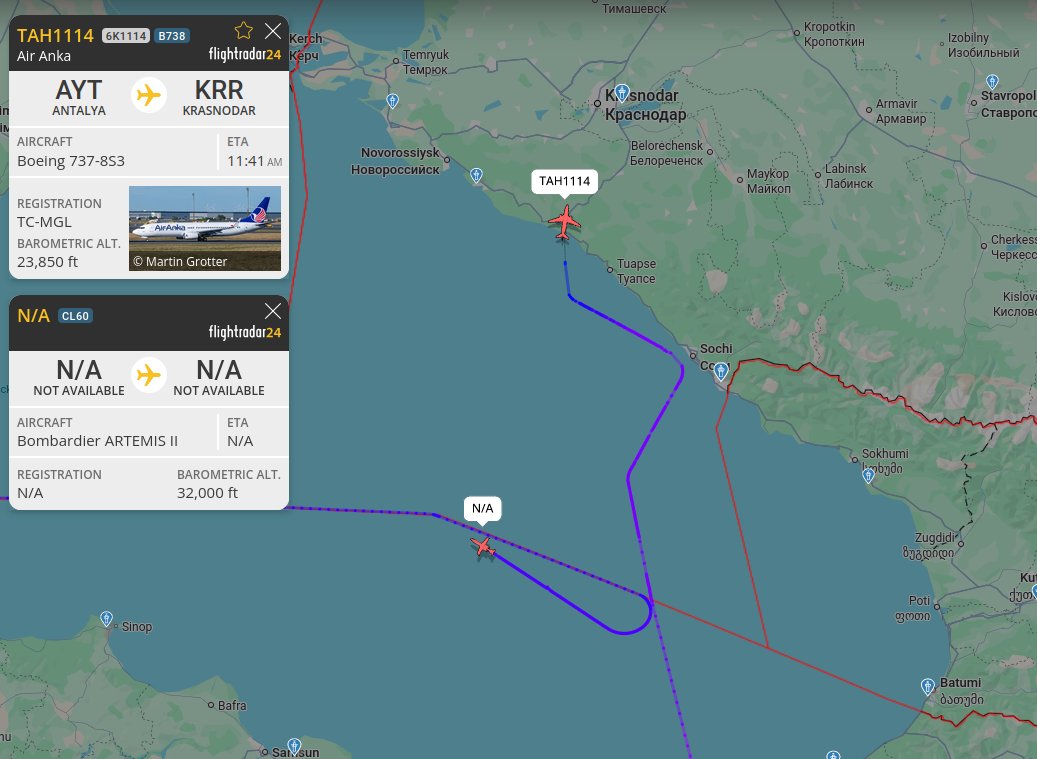 crispSV's tweet photo. Commercial airline Air Anka Boeing 737 from Antalya to Krasnodar, change route for landing as #RuAF closed the airspace close to Sochi. #Russia fighter jets are monitoring the #NATO Artemis II ISR platform that is gathering targeting data for #Ukraine #OSINT https://t.co/xNRJ8nlfhC