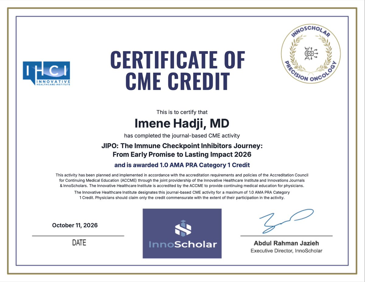 IMENEHADJI1's tweet photo. Earn 1.0 AMA PRA Category 1 Credit reading JIPO’s flagship review on immune checkpoint inhibitors (Hajjar et al.). Free with an InnoScholar Explorer membership; available until 9/29/2027. https://t.co/31qqdiYZa5 #JIPO #ION #IHCI #CME https://t.co/3gvGTJidUX