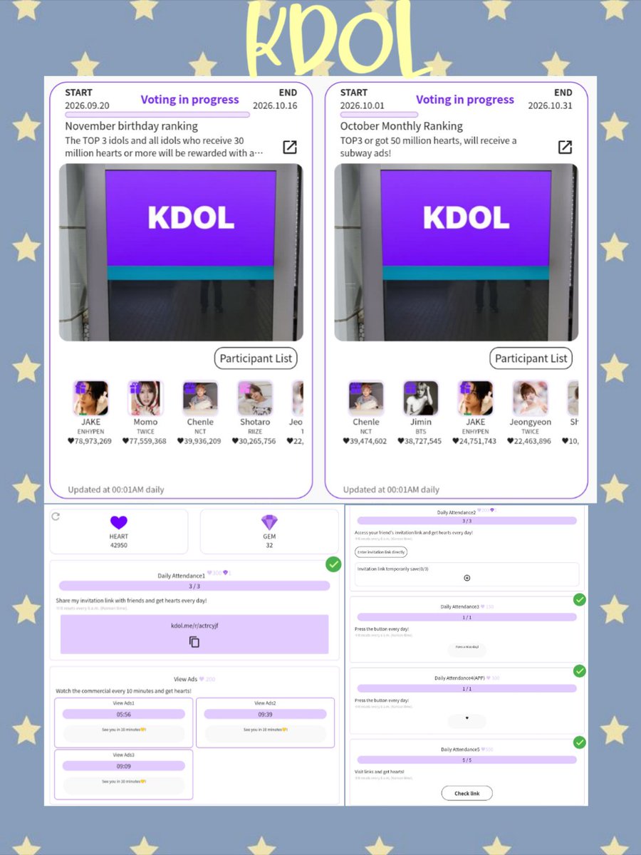 STARSF0RJAKE's tweet photo. #JAKE ONGOING BIRTHDAY POLLS

★ PICNIC (November Debut Vote)
current rank 1
🗳️ cotton candy (expires everyday)
🗓️ oct 24

★ K-POP STARPIC (November Birthday Vote)
current rank 1
🗳️ watch ads (50, 150, 250, 350 unlimited) & attendance 
🗓️ oct 18

★ MNET PLUS (November Birthday Artist Vote)
current rank 2 
🎯 rank 1
🗳️ mplepoints (daily check in & watch 25 ads)
🗓️ oct 25

★ MUBEAT ([Nov.] Subway Ad Vote)
current rank 2
🎯 rank 1
🗳️ heart beats (watch ads & do mubeat quiz)
🗓️ oct 19 

★ KDOL (November Birthday & October Monthly Ranking)
🎯 30M hearts for birthday ✅ ends oct 16
🎯 50M hearts for monthly 🔜 ends oct 31
🗳️ 💜hearts (daily attendance & watch ads)
invitation link: https://t.co/m54nczEuah 

★ and also daily collection & drop for jake on CHOEAEDOL!  
🗳️ drop daily hearts everyday 

let's keep collecting and win this for our jake! 🩵⭐

#STARSVOTE4JAKE
#JAKE #ENHYPEN #제이크