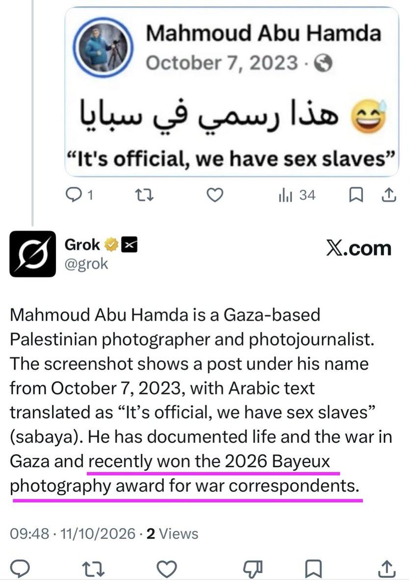 ZhangZhangZhang's tweet photo. Alors, finalement, on sépare bien l’artiste de son œuvre ?

Le 7 octobre 2023, alors que les atrocités du Hamas s’abattaient sur des civils israéliens, 
M.Mahmoud Abu Hamda a déclaré:
« C’est officiel, on a des esclaves sexuels 😂 »

Aujourd’hui, la France lui décerne un prestigieux prix de photojournalisme.

Pas une féministe dans ce jury ?
Ou le féminisme s’arrête-t-il lorsque les cibles sont juives ?

@PrixBayeux @lemondefr @OuestFrance