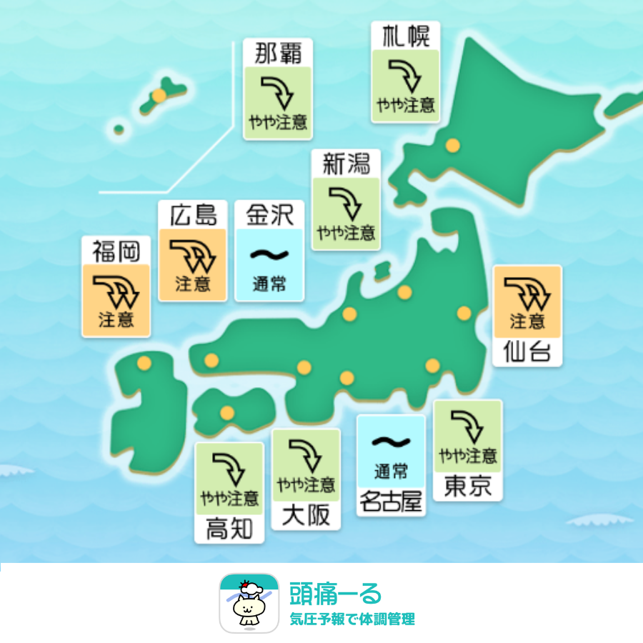 terunekootenki's tweet photo. 今日10月12日（月）の気圧は、
仙台、広島、福岡は「注意⤵️⤵️」
札幌、東京、大阪などは「やや注意⤵️」
の予報となっています。
1時間ごとの変化はアプリで👉https://t.co/LunKcw1s2e

スポーツの日の祝日ですが、北日本や西日本を中心に夜に気圧が低下する影響で頭痛やだるさを感じる恐れがあります。
無理にアクティブに動こうとせず、明日からの平日に向けてしっかり体を休めてあげてくださいね。