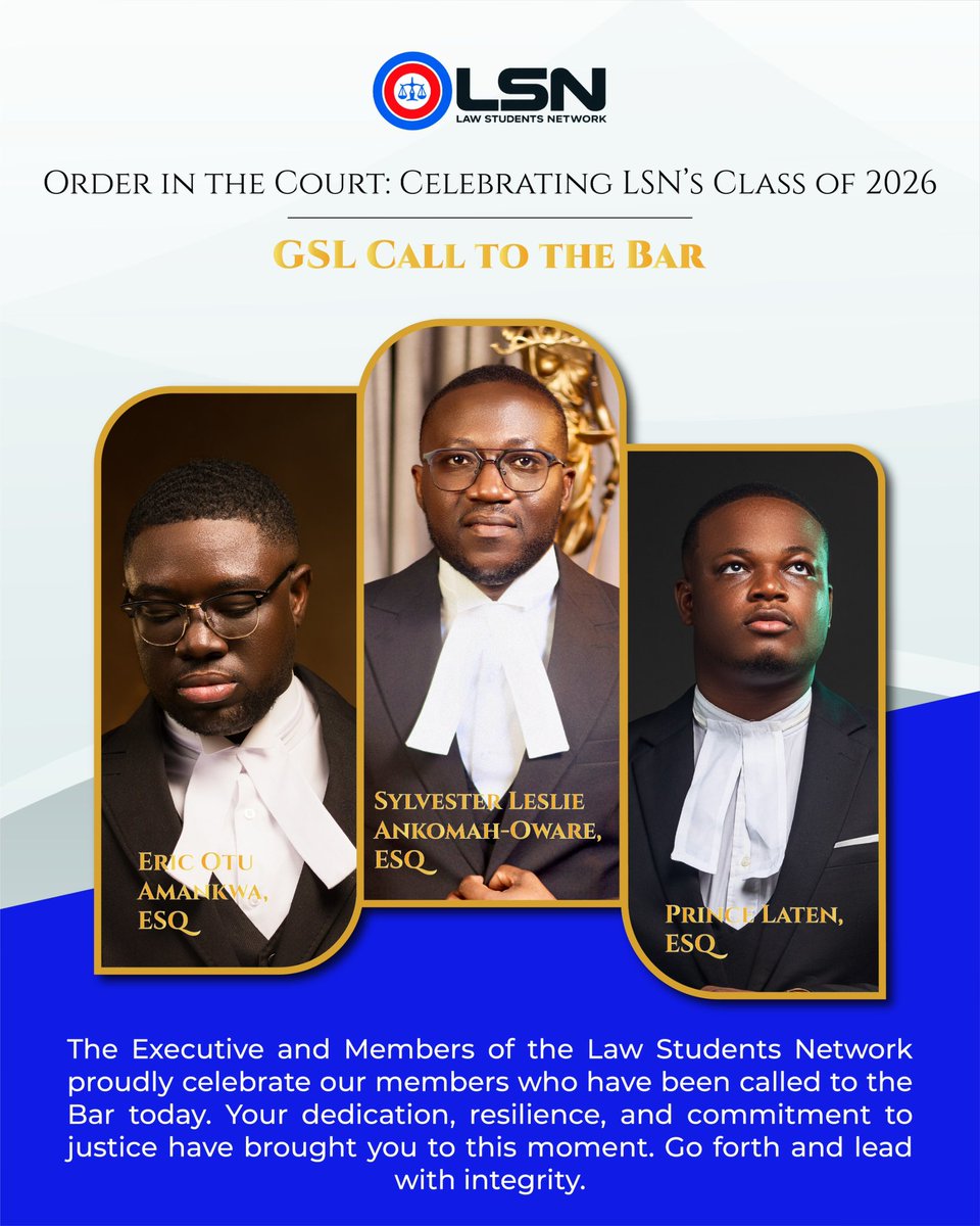 LSN_GHANA's tweet photo. Raising a glass to LSN's newest Lawyers!🥂
Congratulations to our incredible Members who have been called to the Bar and have joined the LSN Alumni Network. You deserve every bit of commendation.👩🏽‍⚖️🎉👨🏽‍⚖️

#LSN #CallToTheBar2026 #ProudNetworkMoment #OurNetworkOurStory ⚖️💫 https://t.co/sPHmDn3SHr