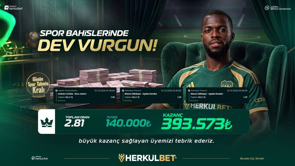 herkulgroupp's tweet photo. 🥳𝗚𝗨̈𝗡𝗨̈𝗡 𝗦𝗣𝗢𝗥 𝗧𝗔𝗛𝗠𝗜̇𝗡 𝗞𝗥𝗔𝗟𝗜
Üç seçim. Tek kupon. 393.573₺ kazanç! 💰
🎟️ Kuponun detayları
💳 Kupon Tutarı: 140.000₺
📈 Toplam Oran: 2.81
💰 Toplam Kazanç: 393.573₺
🏆 Net Kâr: 253.573₺
𝗞𝗨𝗣𝗢𝗡 𝗞𝗔𝗭𝗔𝗡𝗗𝗜. 𝗥𝗔𝗞𝗔𝗠𝗟𝗔𝗥 𝗞𝗢𝗡𝗨𝗦̧𝗧𝗨. https://t.co/J9y0lrlXoL