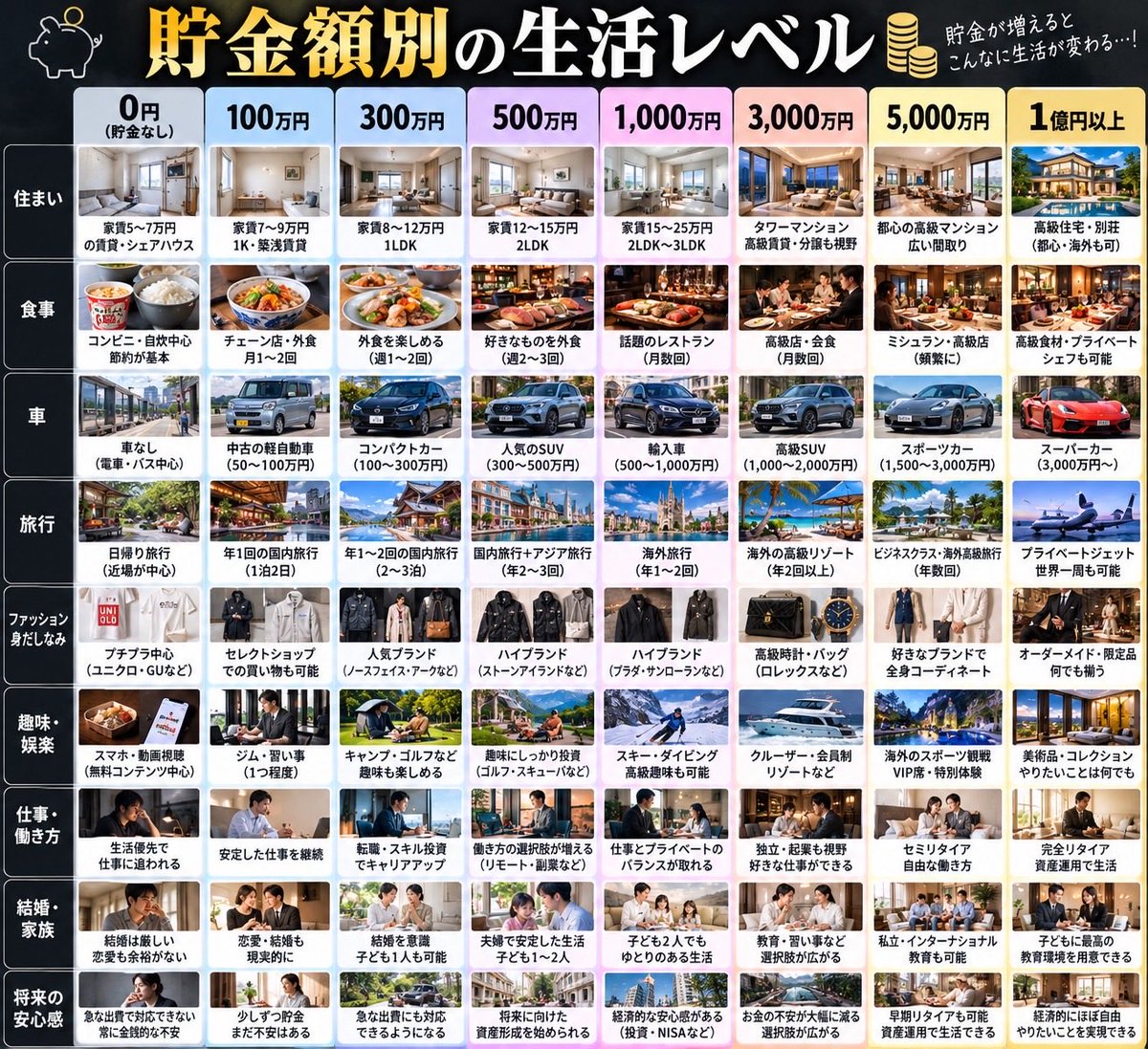 tvu78v's tweet photo. 貯金額別の生活レベル

1億円あったらこんな生活できるよな、、、 https://t.co/6Bpwy4uXF7