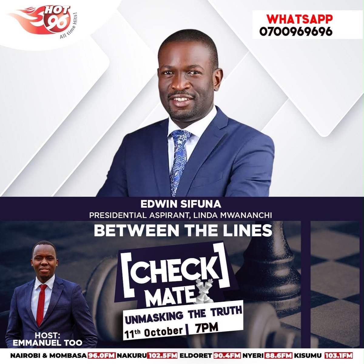 Jamalabdelnasir's tweet photo. 🚨🚨🚨
New TEP Party Leader @edwinsifuna takes the hot seat on @Hot_96Kenya taaaaanight!!!!

Unmasking the truth. This is one you can't afford to miss. Set your reminder and Tune in! 📻🔥
#CheckMate https://t.co/fjiFLZdmYb