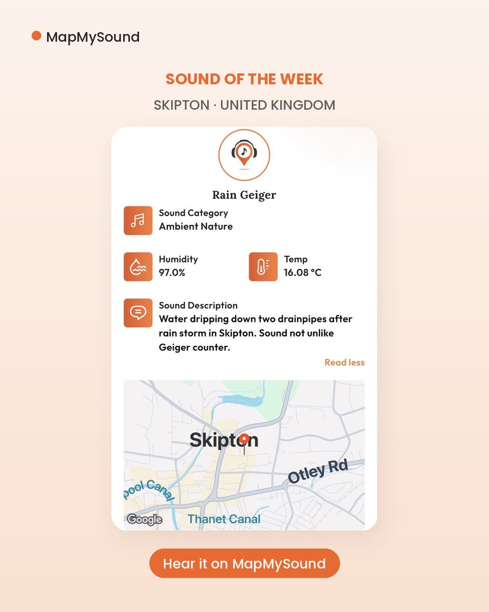 MapMySound's tweet photo. One week on MapMySound, five countries 🌍
Children in Aegina. Spring in Hamilton, NZ. The DC Metro. Rain in Skipton that sounds like a Geiger counter. A river in Argentina.
Hear them on the map 🎧 https://t.co/kYLSWyHI8K
#fieldrecording #soundscape https://t.co/P295RsyDdc