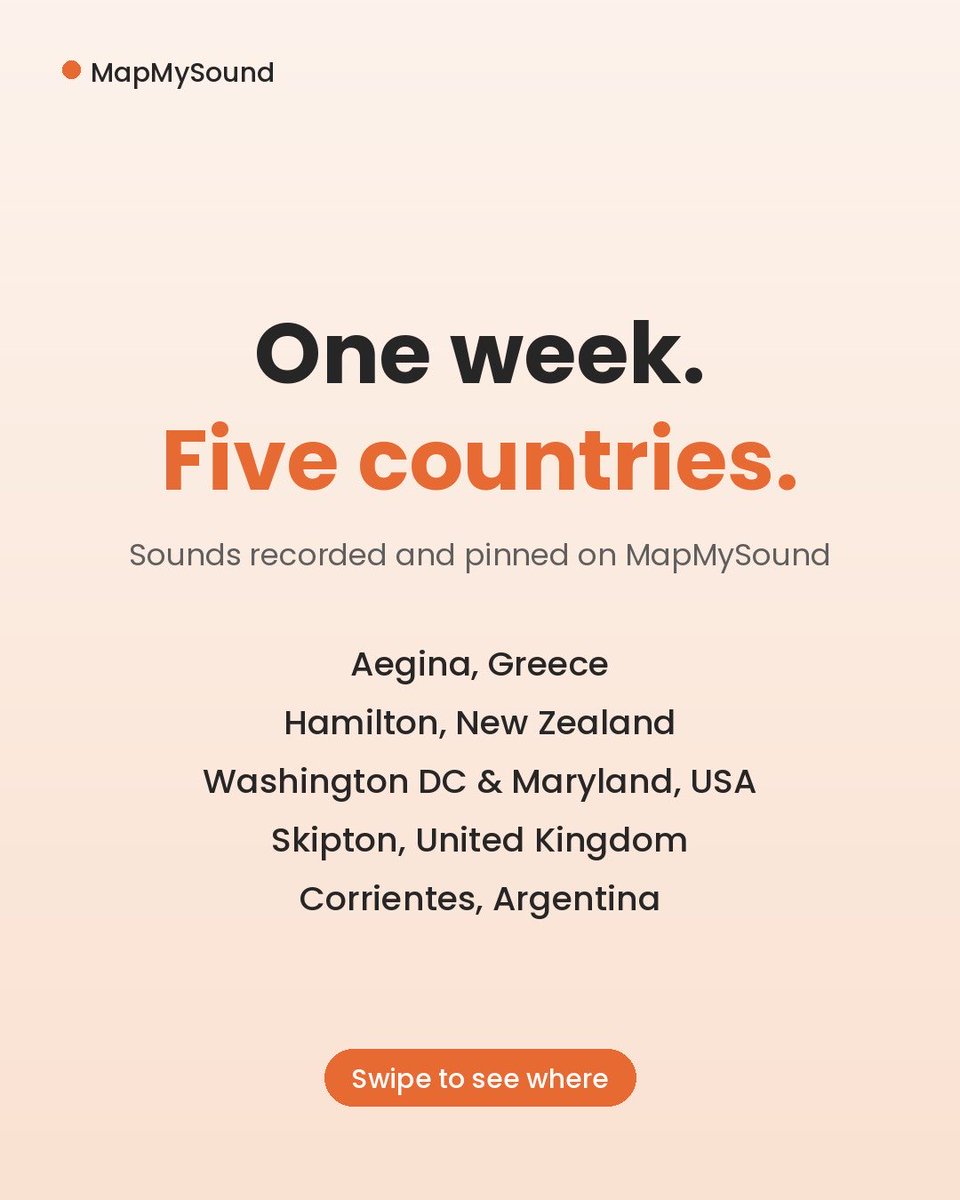 MapMySound's tweet photo. One week on MapMySound, five countries 🌍
Children in Aegina. Spring in Hamilton, NZ. The DC Metro. Rain in Skipton that sounds like a Geiger counter. A river in Argentina.
Hear them on the map 🎧 https://t.co/kYLSWyHI8K
#fieldrecording #soundscape https://t.co/P295RsyDdc