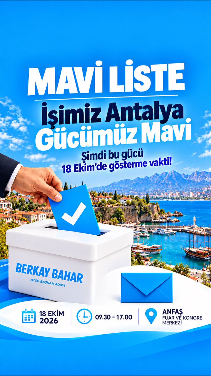 berkaybaharant's tweet photo. İşimiz Antalya, gücümüz Mavi! 💙 18 Ekim’de bu gücü gösterme vakti! 

#BerkayBahar #ATSO #MaviListe #Antalya https://t.co/2VI6EzASBp