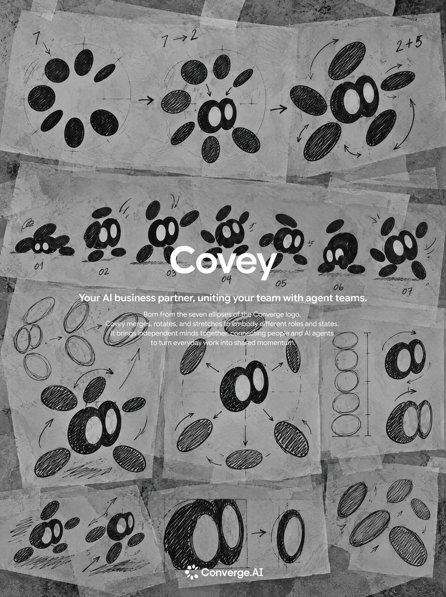 ConvergeDes1gn's tweet photo. Hi, I’m Covey.

My designers believe the AI agent you work with every day should feel like a partner. So I was born from the seven ellipses of the @ConvergeAI_X logo, merging,  rotating, and stretching.

That’s also what I do: I bring independent minds together, connecting people and AI agents to turn everyday work into shared momentum.

Converge your idea with Covey. Let’s move forward together.