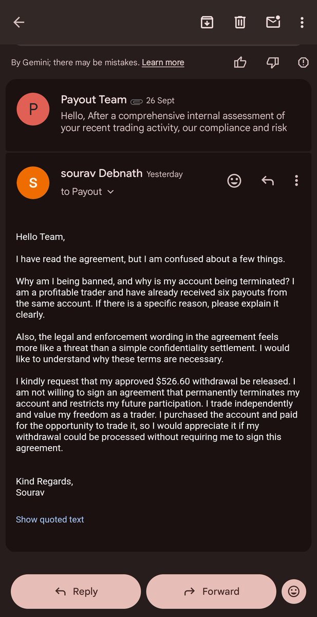 proptraderSPT's tweet photo. @NextLvlFunded @S0uravfx 5/7 PROFITABLE = BANNED? 📉
@S0uravfx paid for his account, passed challenge, and traded cleanly.
Next Level claims they support winners, but they only want traders who LOSE! 🤬
#TradeToWin #SupportTraders #ForexLifestyle #IndependentTrader #PropTraderSPT #Forex #PropFirmScam https://t.co/6xfHtcGd1D