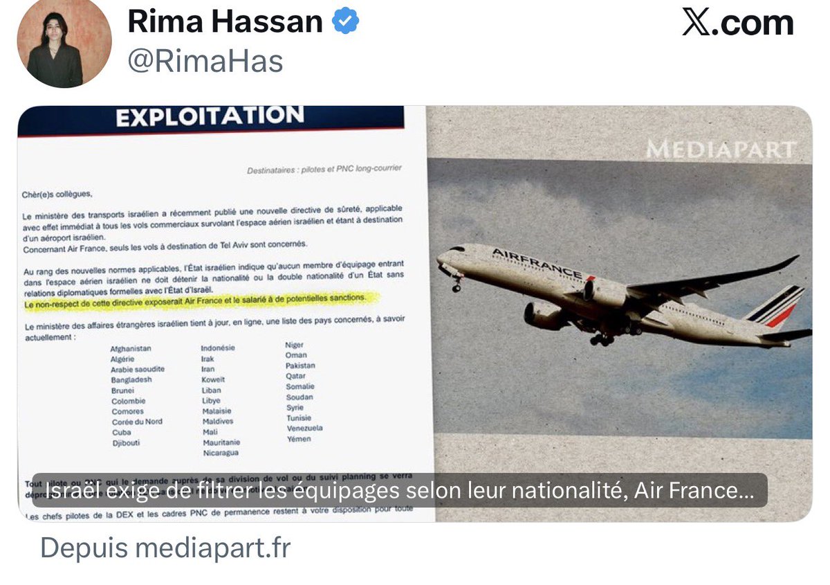 Bruno_Attal_'s tweet photo. Mediapart d’extrême gauche dont le fondateur est antisémite.
Alertesinfos tenu par un islamiste.
Rima HaSSan ou Portes antisémites notoires.
Tous condamnent Israël d’imposer à Air France des pilotes qui seraient susceptibles d’être hostile à Israël. 
C’est depuis la tentative de crash sur Tel Aviv d’un pilote islamiste.
Les juifs se protègent mais les antisémites ont l’habitude que les juifs se laissent exterminer. C’est fini..
Par contre voici la liste des pays qui interdisent les citoyens israéliens. Et oui ça existe
•  Afghanistan
•  Algérie
•  Bangladesh
•  Brunei
•  Iran
•  Irak
•  Koweït
•  Liban
•  Libye
•  Maldives
Certains d’entre eux interdisent même un Francais qui aurait juste visité Israel.
Je comprends que des juifs qui ne se laissent pas exterminer vous n’avez pas l’habitude. Et bien vous allez la prendre.