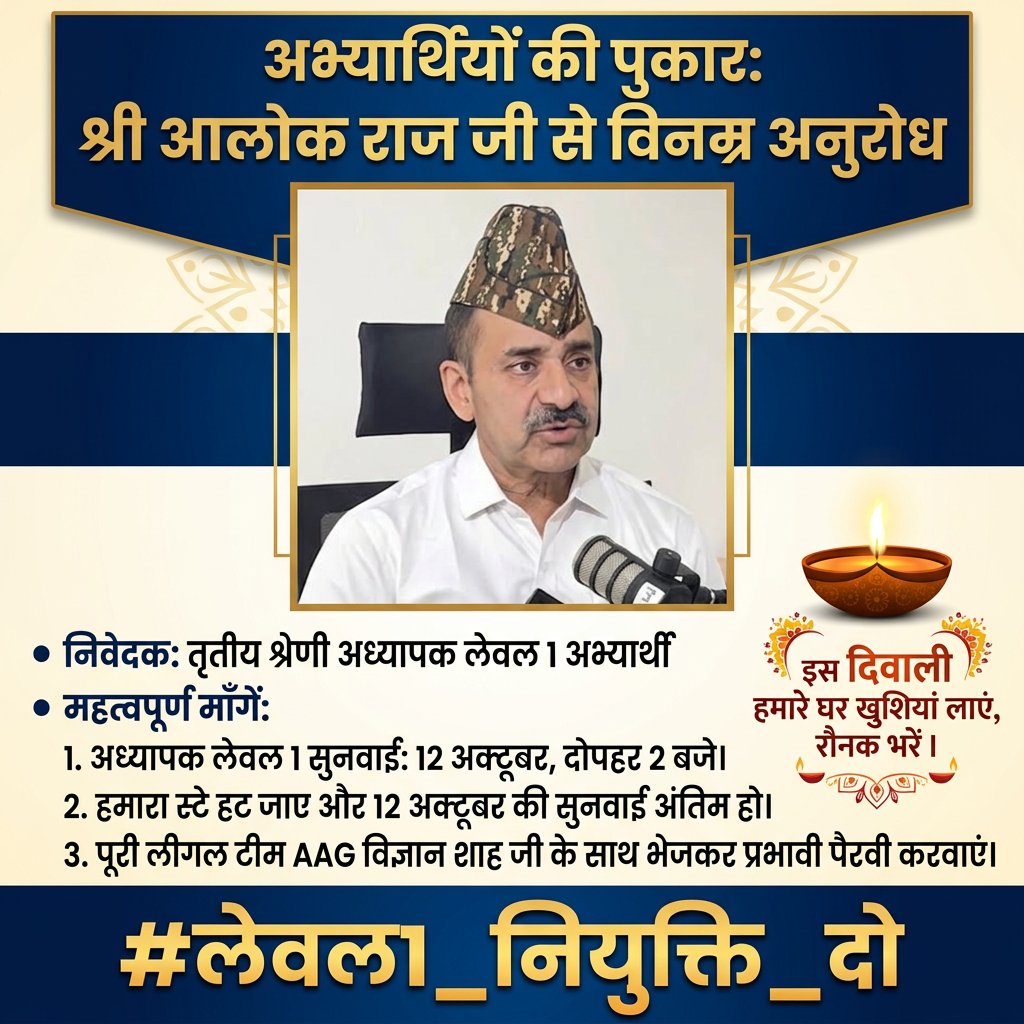 Aman_V49's tweet photo. आदरणीय @alokrajRSSB जी, लेवल-1 मामले की सुनवाई 12 अक्टूबर, दोपहर 2 बजे है।
अनुरोध है कि स्टे हटे, सुनवाई अंतिम हो और AAG विज्ञान शाह जी के साथ पूरी लीगल टीम भेजकर प्रभावी पैरवी हो।
इस दिवाली हमारे घर भी खुशियां आएं। 🙏
#TeacherL1_Dv
#लेवल1_नियुक्ति_दो https://t.co/BynzpFP0Hl