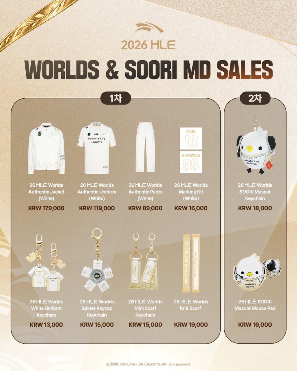 HLEofficial's tweet photo. 🌎2026 HLE Worlds MD 판매 안내
월즈를 향한 설렘을 담은 월즈 유니폼과 굿즈, 그리고 HLE의 마스코트 수리의 첫 굿즈까지 만나보세요!🤍

📅판매 일정
연간권 선구매｜10/12(월) 10:00 (KST) ~ 10/14(수) 10:00 (KST)
분기권 선구매｜10/15(목) 10:00 (KST) ~ 10/16(금) 10:00 (KST)
일반 판매｜10/16(금) 15:00 (KST) ~