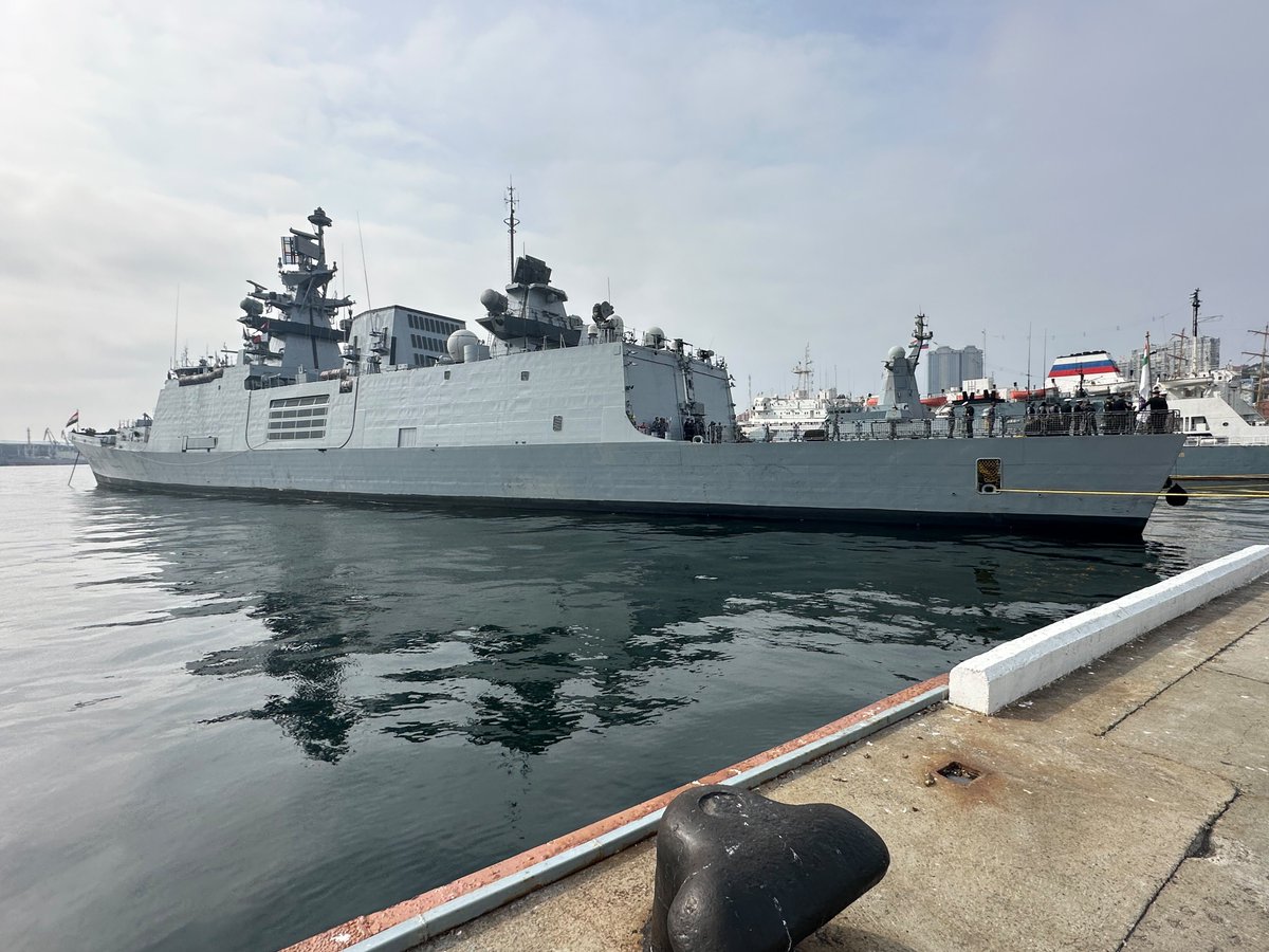 sidhant's tweet photo. Indian warship INS Trishul in Plymouth, United Kingdom for Ex Konkan, Indian warship Sahyadri in Vladivostok, Russia for Ex INDRA https://t.co/PCvQ9rm8Vh