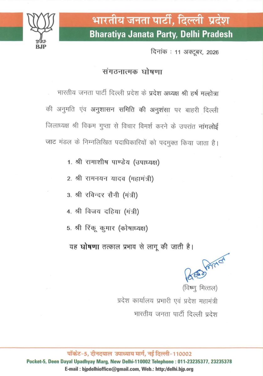 BJP4Delhi's tweet photo. भारतीय जनता पार्टी दिल्ली प्रदेश के प्रदेश अध्यक्ष श्री हर्ष मल्होत्रा की अनुमति एवं अनुशासन समिति की अनुशंसा पर बाहरी दिल्ली जिलाध्यक्ष श्री विक्रम गुप्ता से विचार विमर्श करने के उपरांत नांगलोई जाट के मंडल के कई पदाधिकारियों पर अनुशासनात्मक कार्यवाई ! https://t.co/PfTHNZ6tft