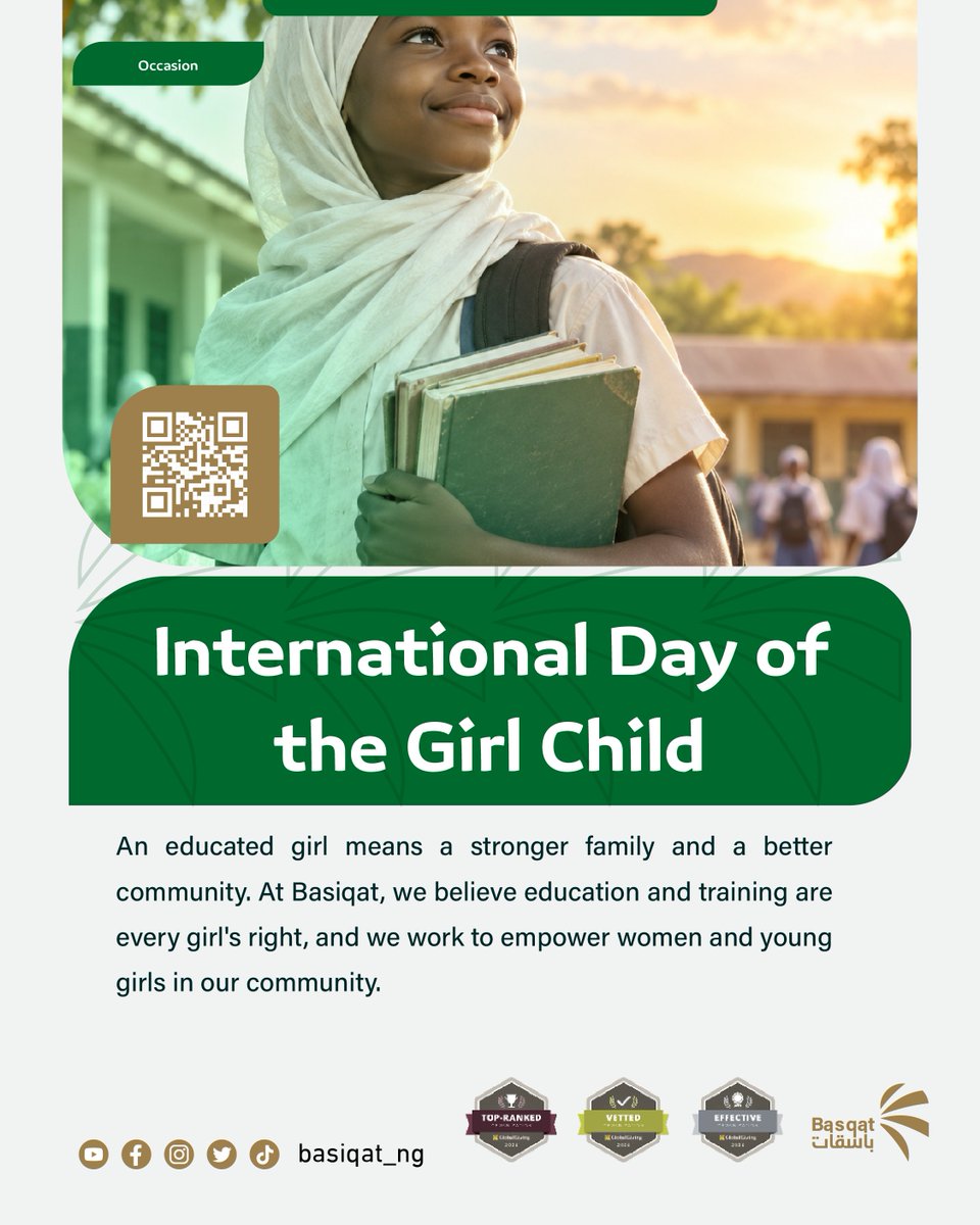 BASIQAT_NG's tweet photo. International Day of the Girl Child 👧
An educated girl means a stronger family and a better community. We believe education and training are every girl's right, and we work to empower women and young girls. #DayOfTheGirl #GirlChildEducation https://t.co/8KDk4Utk19