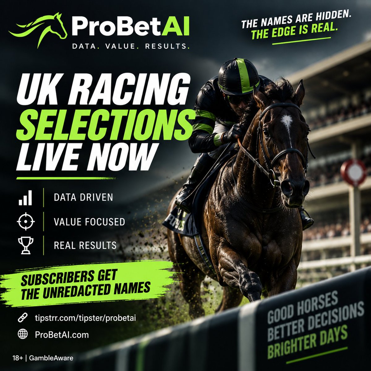ProBetAI's tweet photo. 🎯 Today’s ProBetAI unredacted shortlist is now live.

Subscribers: https://t.co/mPfAhBXTDl
Results & daily debriefs: https://t.co/9K91NQfVGc

Three selections make the cut today, all at Goodwood. They stand alone as win singles at 13/2, 10/1 and 17/2, and combine for today’s Each-Way Trixie.

Goodwood [REDACTED] – 13/2
Goodwood [REDACTED] – 10/1
Goodwood [REDACTED] – 17/2

THE NAMES ARE HIDDEN. THE EDGE IS REAL.

No hype. No forced selections. Just data.

18+ | GambleAware

#HorseRacing #UKRacing #RacingTips #ValueBetting #ProBetAI