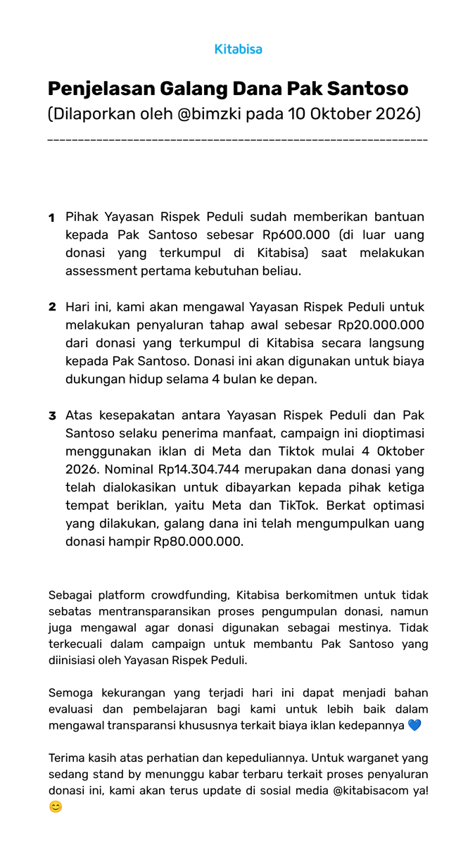 kitabisacom's tweet photo. @ethadisaputra @respekpeduli Halo teman2, Mimin mau update beberapa hal terbaru terkait Galang Dana pak santoso ya ❤️

Sore ini, penyaluran pertama sedang dilakukan bersama Yayasannya. 

Untuk detail penjelasannya, karena akun Threads kitabisacom sedang dalam proses pemulihan bisa cek di sini ya ❤☺️ https://t.co/xjEm0Ji14g
