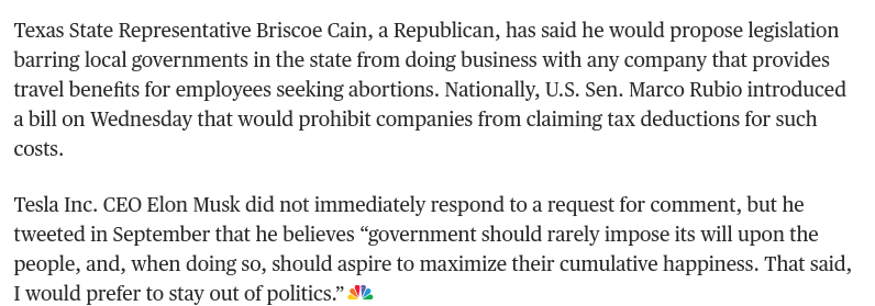 StopSUV's tweet photo. @elonmusk @zerohedge Elon Musk never criticizes Putin. He helped his Tesla employees get abortions. He said, "I prefer to stay out of politics." He receives subsidies for his company, Tesla, from the European Union. https://t.co/u7uu3iRbvv
