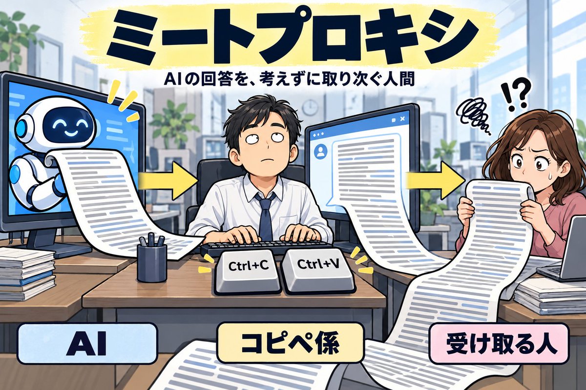 studio_yebisu's tweet photo. もしかすると、まだ知らない方がいるかもということで、言語を布教したいんですが。

皆さん、【ミートプロキシ】食らってませんか？

要するに、AIの書いた出力をそのままコピペで送ってくる人間のことをミートプロキシというんですが。

プロキシってのは通信を中継する「代理」サーバのことで。ミート（人間）が、AIの回答をただ中継してるだけの場合に対する皮肉を込めた言葉です。

皆さんも普段から仕事とかで新人や取引先とんでもないMeat Proxyを仕掛けてきたりしてて困ってると思いますけども、この概念を広めることで。
少しずつ減っていくと思います。人類全体で啓蒙活動をしていかないと。

Stop Meat proxy!!

私もあのMeatProxyリプライと日夜戦ってますんでね。
皆さんもぜひ使ってみてください。