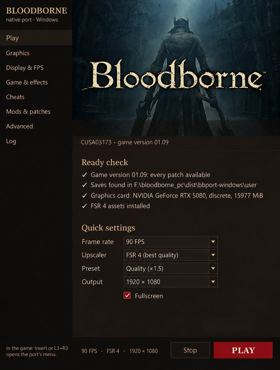 GameGPU_com's tweet photo. https://t.co/KdZE28qfHO

The updated native Windows port of Bloodborne version 1.09 introduces full support for modern upscaling technologies including NVIDIA DLSS, AMD FSR 3.1, and FSR 4. These algorithms reconstruct clean output images at 1440p and 4K resolutions using internal motion vectors and depth buffers directly from the engine.

The bbport release executes original code directly without a PlayStation 4 emulator by translating calls via the Vulkan graphics API. The update unlocks frame rates up to 120 FPS, adds a dedicated launcher with one-click updates, full keyboard and mouse controls, and mod support.

Hardware testing on a GeForce RTX 5080 delivers a solid 120 FPS while restoring online specters and bloodstains via shadNet.

#Bloodborne #bbport #DLSS #FSR #Windows #Vulkan #Update