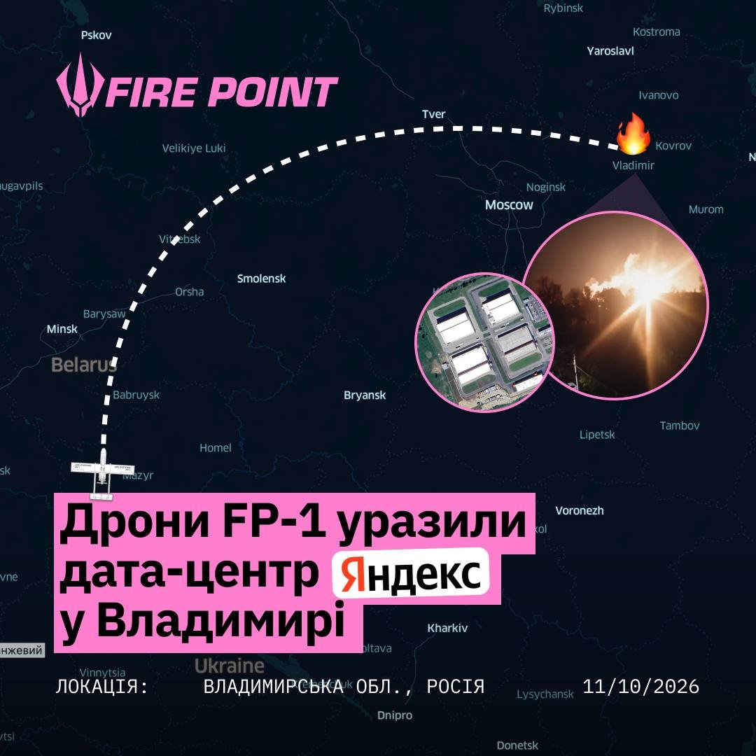 NOELreports's tweet photo. Fire Point says FP-1 strike drones hit a third Yandex data center, this time in Vladimir, Russia. The facility was damaged and completely stopped operating. Widespread disruptions were subsequently reported across Yandex services, with most unavailable. #Russia https://t.co/ExvfSXxPqg
