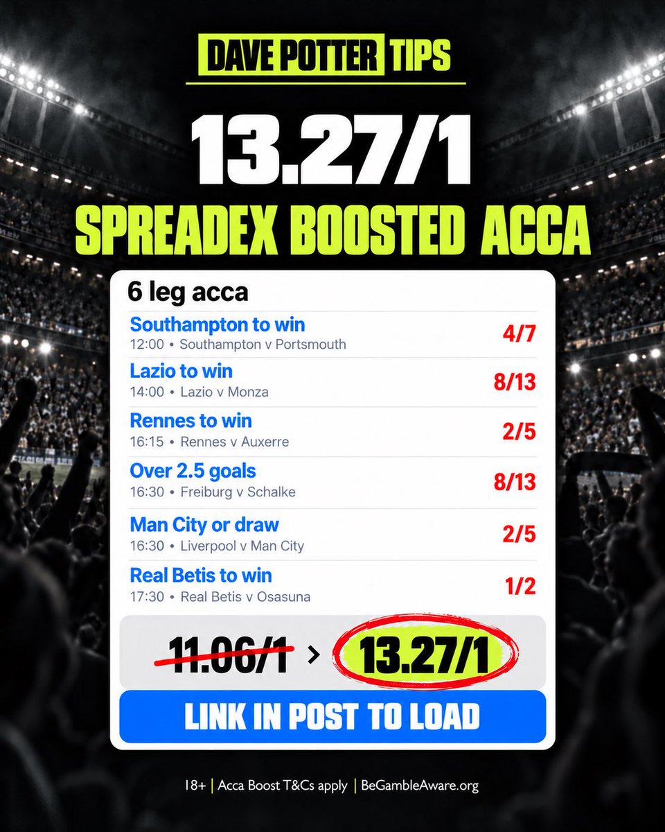 DavePotterTips's tweet photo. 🚀 13.27/1 Spreadex Boosted Acca

Won yesterday - Six legs, one tap. The whole slip loads straight into your betslip 👇

🔗 Tap to load: https://t.co/zgPbj7oG7s

New to Spreadex? Bet £10, get £60 in free bets 🎁
👉 https://t.co/yNGtTaXGku

Reasons behind each leg are on the website.

18+ | New customers only, T&Cs apply | https://t.co/42SQK9euGn
