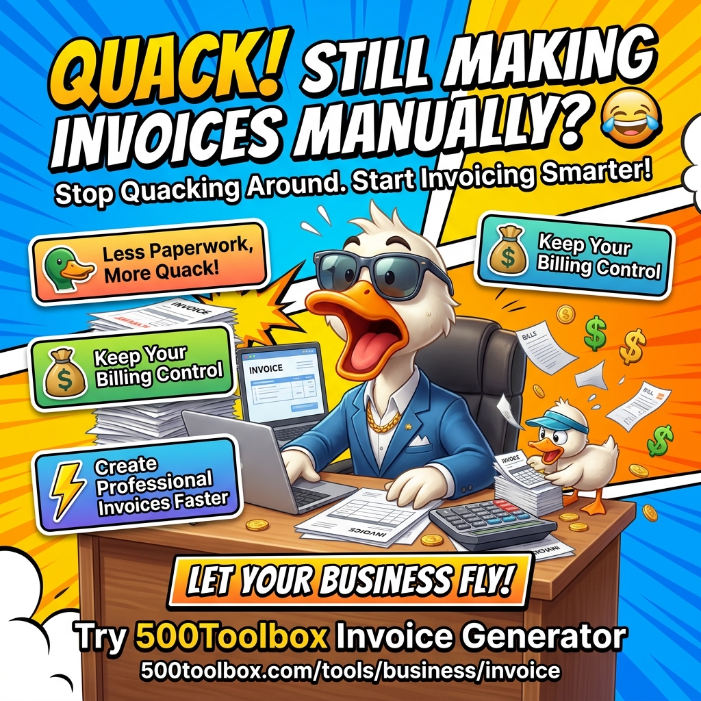 500toolbox's tweet photo. 😂 Still making invoices manually? Even the duck has upgraded! 🦆💻

🧾 Create professional invoices with 500Toolbox!

🦆 Less paperwork, more quack!

👉 https://t.co/RLBpyr6WBZ

#500Toolbox #InvoiceGenerator #BusinessTools #FunnyMarketing https://t.co/2TBnFJLI1z