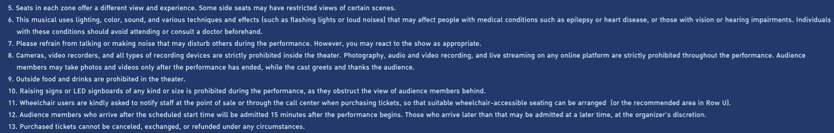 nongsiii's tweet photo. #รักแห่งสยามTheMusical 

– Please refrain from talking or making noise that may disturb others during the performance
– Cameras, video recorders, and all types of recording devices are strictly prohibited inside the theater. Photography, audio and video recording, and live streaming on any online platform are strictly prohibited throughout the performance. Audience members may take photos and videos only after the performance has ended, while the cast greets and thanks the audience

((as expected from the start, filming with cameras is prohibited, and so is talking or screaming during the show, since it’s basic musical theatre etiquette. but i’m pretty sure gmmtv will put everything into a boxset later 🥹))
