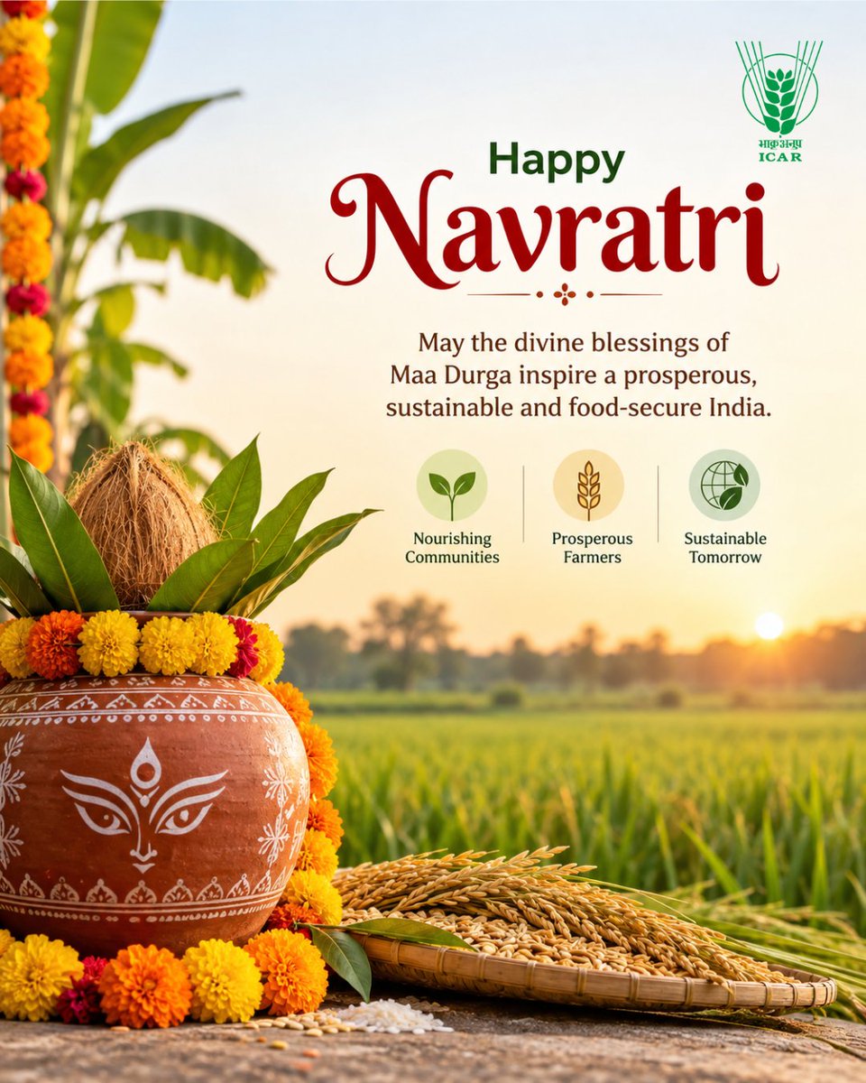 icarindia's tweet photo. May Maa Durga bless all with prosperity and happiness. May Navratri inspire us to empower farmers, nurture agriculture and ensure food security for a sustainable India.  #ICAR #Navratri
@ChouhanShivraj @PIB_India @AgriGoI https://t.co/HYOE68UwRt