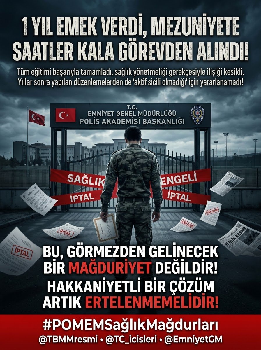 SaglikEgmMagdur's tweet photo. #sallandık Bizler ayrıcalık istemiyoruz.

POMEM eğitimini tamamlamış, devletine hizmet etmek için mesleğe hazırlanmış; ancak göreve başlamadan sağlık nedeniyle ilişiği kesilmiş mezunların mağduriyetinin giderilmesini istiyoruz.

Talebimiz açık: Eşitsizliği giderin, GİH kadrosu için yasal düzenlemeyi hayata geçirin.

@TBMMresmi @TC_icisleri @EmniyetGM @Akparti
@VeyselTipioglu
@hasanozturkmen @YS_Turkoglu @ErcanSeki @avidrissahin @fethigurer @omerkarakas09