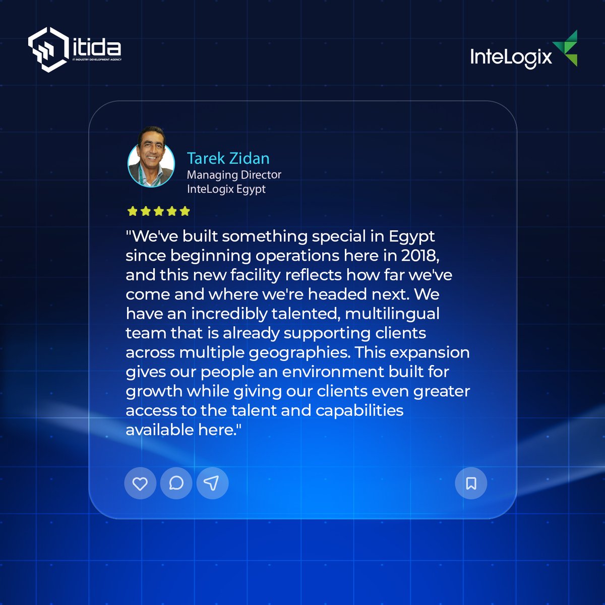 ITIDA's tweet photo. 𝗔𝗻𝗼𝘁𝗵𝗲𝗿 𝗺𝗮𝗷𝗼𝗿 𝗺𝗶𝗹𝗲𝘀𝘁𝗼𝗻𝗲 𝗳𝗼𝗿 𝗘𝗴𝘆𝗽𝘁’𝘀 𝗼𝗳𝗳𝘀𝗵𝗼𝗿𝗶𝗻𝗴 𝗹𝗮𝗻𝗱𝘀𝗰𝗮𝗽𝗲

InteLogix’s new facility in New Cairo reflects global confidence in Egypt’s multilingual talent, infrastructure, &amp; ability to deliver high-value services.

#ITIDA https://t.co/khReLR6X3M