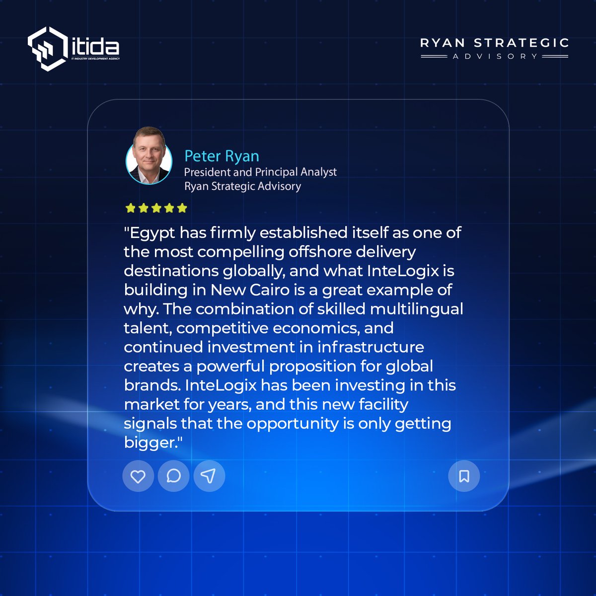 ITIDA's tweet photo. 𝗔𝗻𝗼𝘁𝗵𝗲𝗿 𝗺𝗮𝗷𝗼𝗿 𝗺𝗶𝗹𝗲𝘀𝘁𝗼𝗻𝗲 𝗳𝗼𝗿 𝗘𝗴𝘆𝗽𝘁’𝘀 𝗼𝗳𝗳𝘀𝗵𝗼𝗿𝗶𝗻𝗴 𝗹𝗮𝗻𝗱𝘀𝗰𝗮𝗽𝗲

InteLogix’s new facility in New Cairo reflects global confidence in Egypt’s multilingual talent, infrastructure, &amp; ability to deliver high-value services.

#ITIDA https://t.co/khReLR6X3M