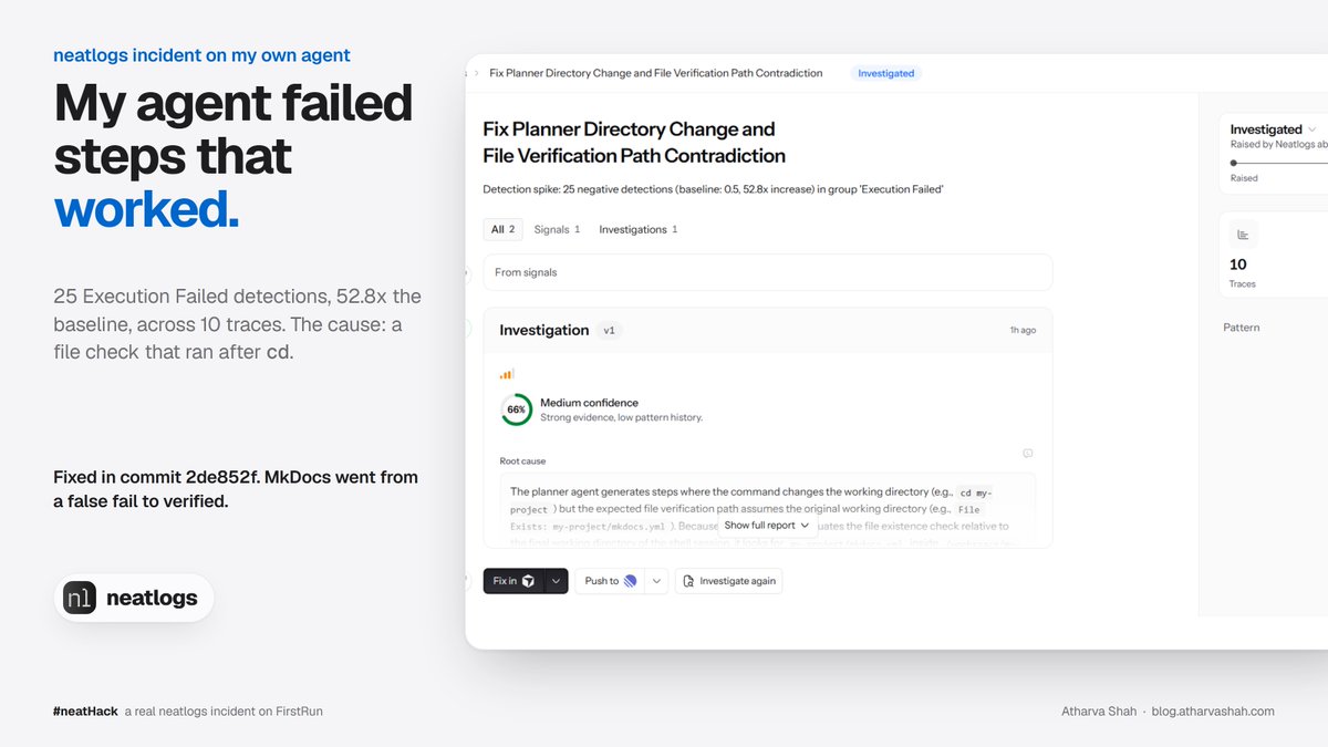 cultist_dev's tweet photo. the worst bug in my agent failed steps that worked.

@neatlogs raised an incident on it: 25 "Execution Failed" detections against a baseline of 0.5. that is 52.8x, across 10 traces.

the investigation named the cause at 66% confidence. the planner wrote a step that ends in `cd my-project`, then checked for `my-project/mkdocs.yml`. the check ran from inside the new folder, so it looked one level too deep.

commit 2de852f checks files from the folder the step started in. the MkDocs quickstart went from a false fail to verified.

an agent that tests docs can fail a doc that is right. a spike alert on your own agent's failures catches that before a maintainer does.

#neatHack

@bettersayAJ @akshay_hangloo @EntireHQ @HaimantikaM @arithecfo @agent_wrapper