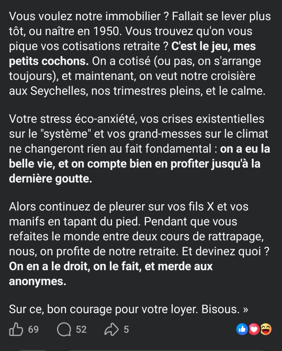 ToadVousEpie's tweet photo. « On a cotisé (ou pas, on s'arrange toujours), et maintenant, on veut notre croisière aux Seychelles, [...] on compte bien en profiter jusqu'à la dernière goutte » 

Magnifique message d’une boomeuse à l'adresse des jeunes https://t.co/8PAytpCrfg