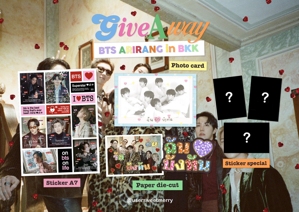usersweetmerry's tweet photo. pls kindly rt ʚɞ

ᨳ 𝓑𝓣𝓢  𝓐𝓇𝓲𝓇α𝓷𝓰 in bkk ଓ
𖦹 40 set 

꒰১special sticker bts໒꒱
♡ 5 set  (สุ่มลาย)

location : Rajamangala National Stadium
date 5 Dec 2026
    𐔌รับได้ที่ @thvqwerrpre 𐦯

อามี่ไทยเท่านั้นจร้

#BTS_WORLDTOUR_BANGKOK #BTS_WORLDTOUR_ARIRANG_BANGKOK https://t.co/739WKN4aN4