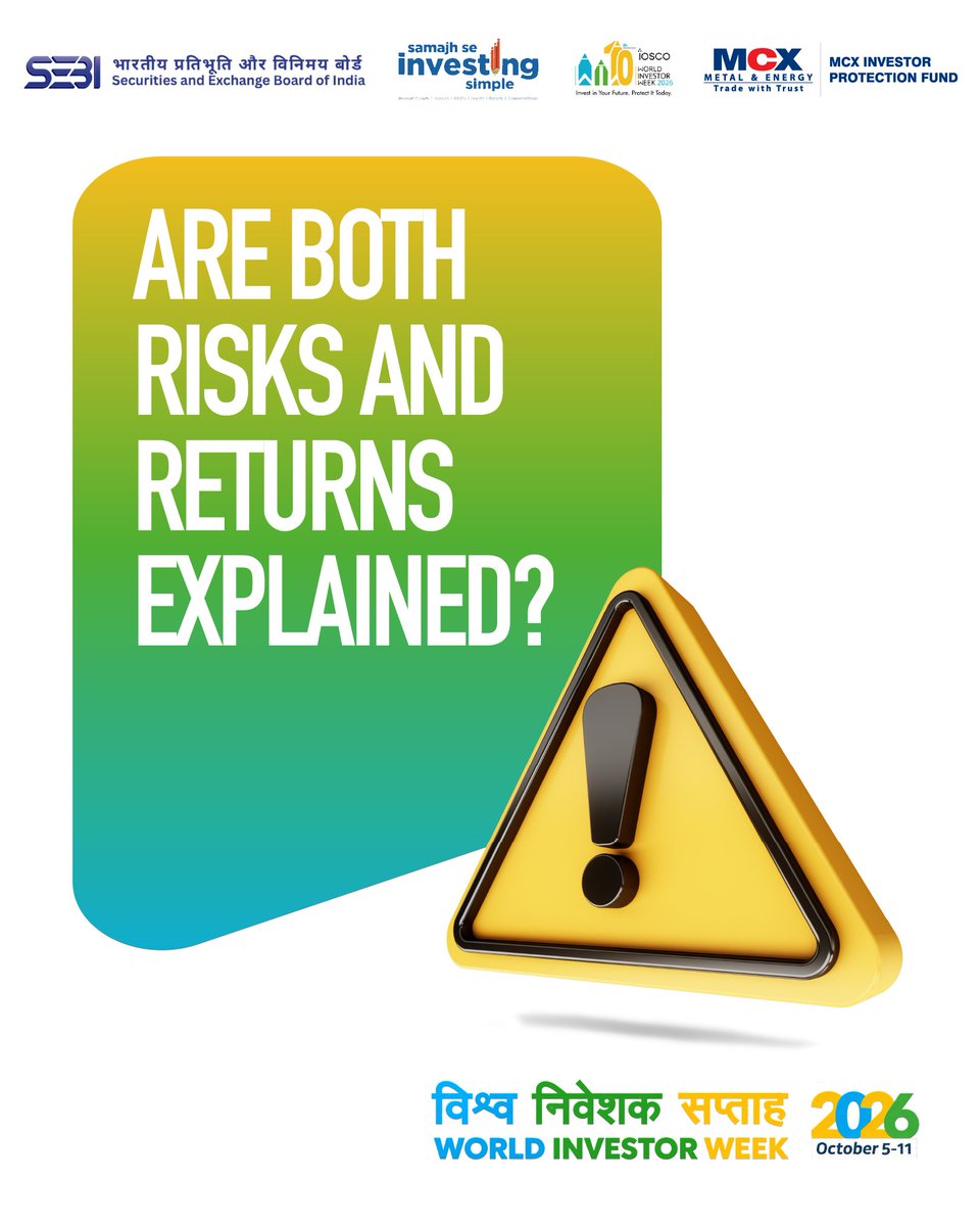 MCXIndialtd's tweet photo. A viral tip, a promise of guaranteed returns, or pressure to act quickly? These are signs to pause, not invest.
Before following financial advice online, check the source, verify the credentials, understand the risks and make your own informed decision.
This World Investor Week 2026, remember: Don't just follow. Verify before you invest.
Samajh Se Investing Simple.
#WorldInvestorWeek2026 #MCXIPF #InvestorAwareness #InvestWisely