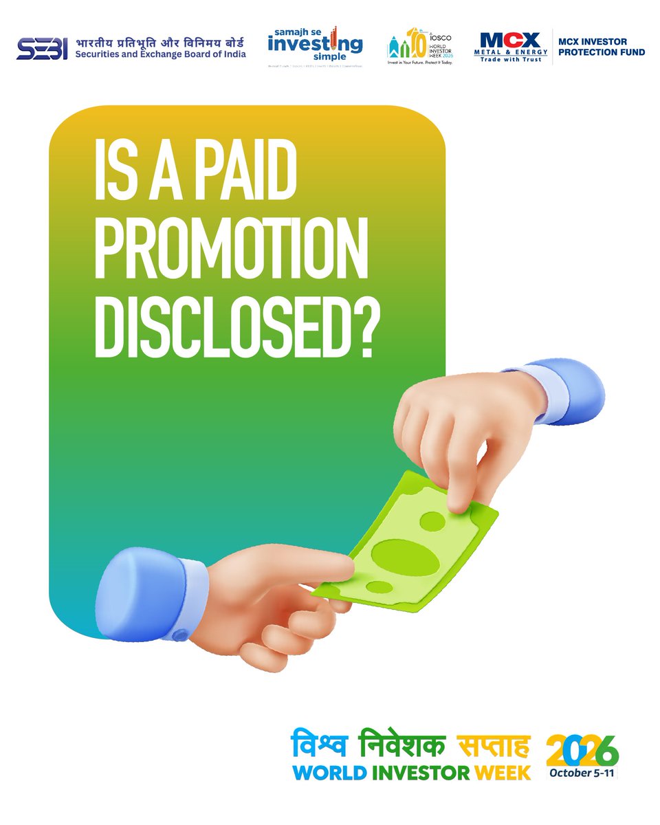 MCXIndialtd's tweet photo. A viral tip, a promise of guaranteed returns, or pressure to act quickly? These are signs to pause, not invest.
Before following financial advice online, check the source, verify the credentials, understand the risks and make your own informed decision.
This World Investor Week 2026, remember: Don't just follow. Verify before you invest.
Samajh Se Investing Simple.
#WorldInvestorWeek2026 #MCXIPF #InvestorAwareness #InvestWisely