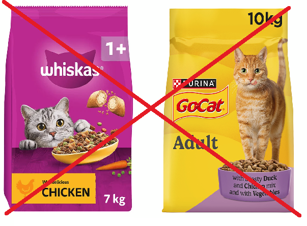 HedgehogCabin's tweet photo. No, I agree, it's not. Both Whiskas Dry and Go Cat (and most supermarket own brand dry cat food) are classed only as 'adequate' by UK pet food regs, and utterly inadequate by veterinary nutritionists and feline welfare advocates.
Regulatory bodies permit manufacturers to use heavily processed, heat-damaged ingredients, provided they add a synthetic vitamin and mineral premix back into the food at the end of manufacturing.
So it's just cheap worthless cereal with synthetic additives.