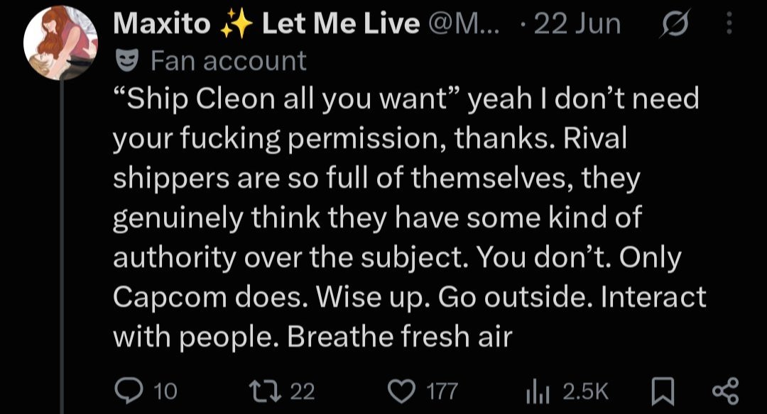 NeedAdaSoloGame's tweet photo. As someone who prays every day for an Ada solo game, I honestly find you incredibly hypocritical. You keep downplaying Ada’s significance in her debut game just for your imagined ship. You should keep the line “Go outside. Interact with people. Breathe fresh air” for yourself. https://t.co/EmhtbKefy7