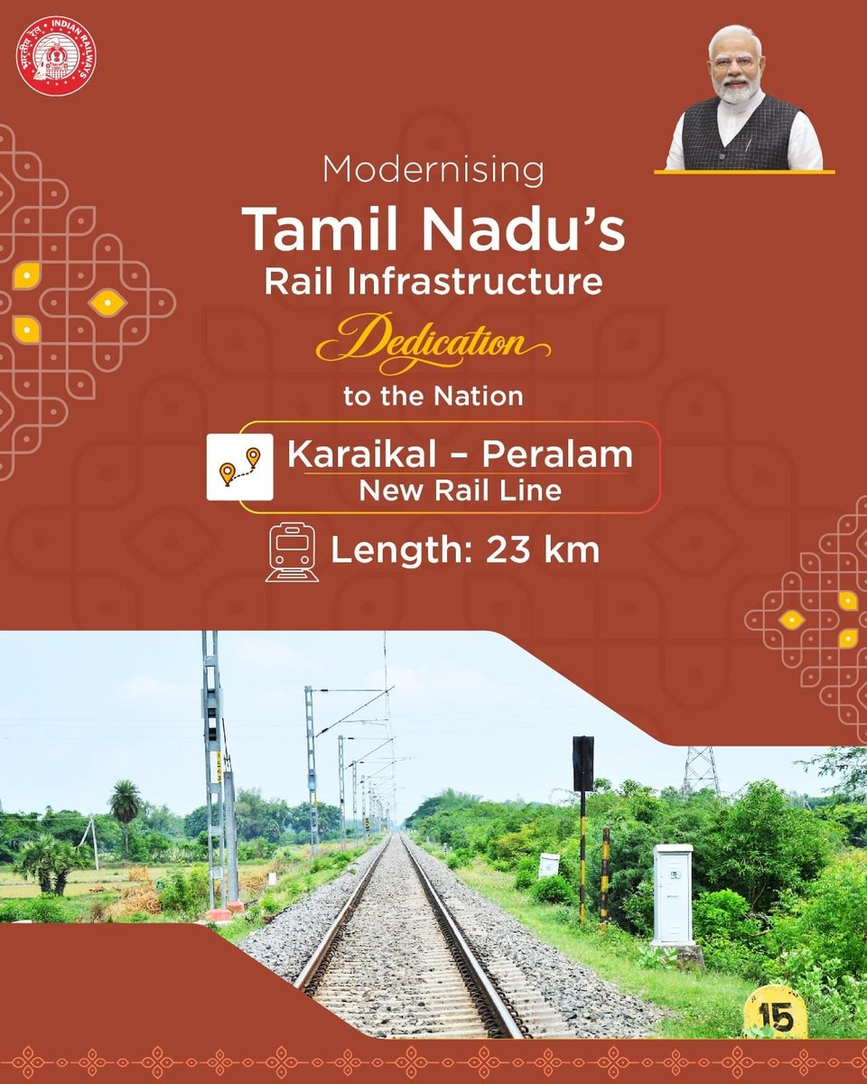 RailwayNorthern's tweet photo. Enhancing rail connectivity across Tamil Nadu, Hon’ble Prime Minister, Shri @NarendraModi dedicated the Karaikal - Peralam New Line to the nation. 

#RailInfra4TamilNadu https://t.co/cWtE9c5FJr